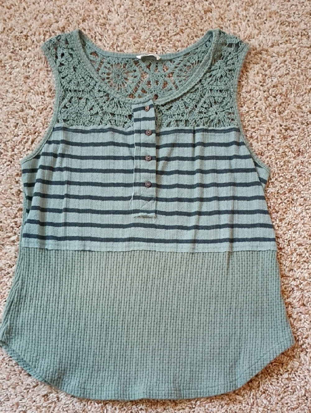 Miss Me Crochet Yoke Striped Sage Tank